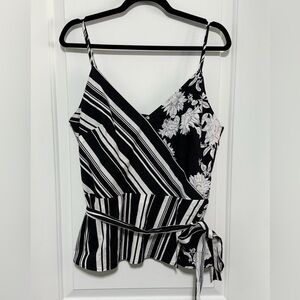 White House Black Market Black and White Floral Striped Blouse